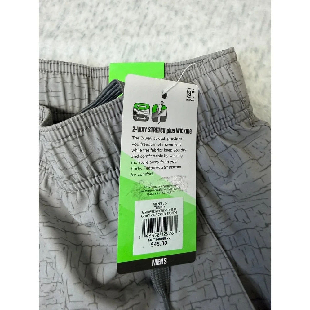 Prince Mens Tennis Fashion Print 9Inch Woven Short Gray Cracked Earth MPT14008FF